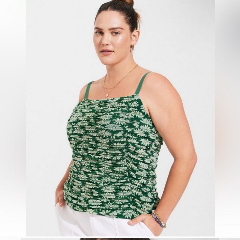 Torrid Stretch Mesh Shirred Green Floral Cami Top Size L
